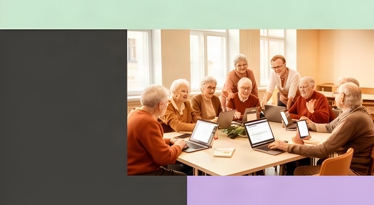 Seniori un digitālās drošības pasniedzēji praktiskā nodarbībā gaišā Rīgas mācību telpā